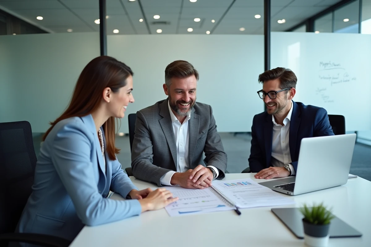 Équipe professionnelle analysant un portail de services en ligne lors d'une réunion d'entreprise