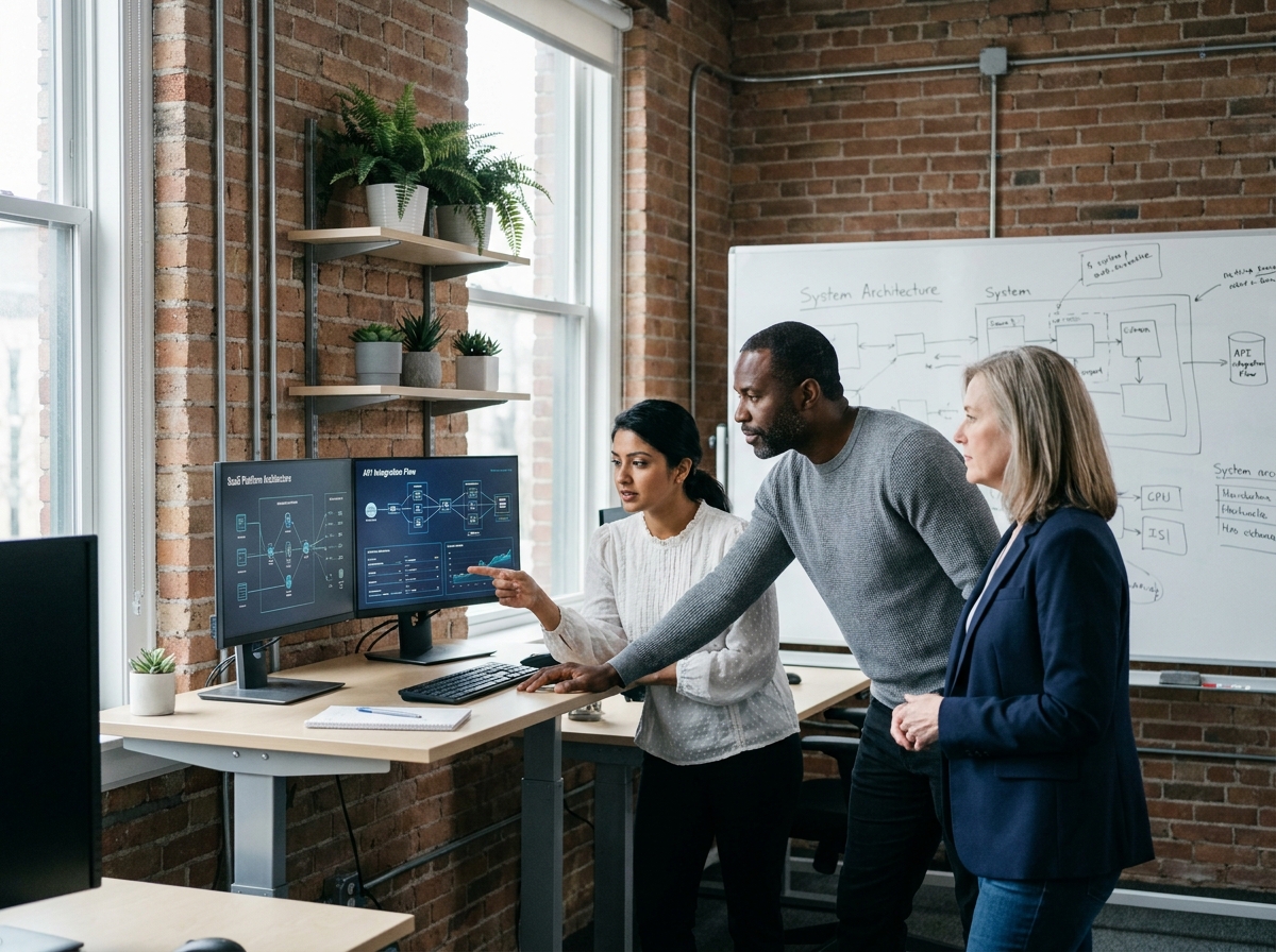 Équipe pluridisciplinaire collaborant autour de plateformes SaaS interconnectées en alternative à un ERP traditionnel