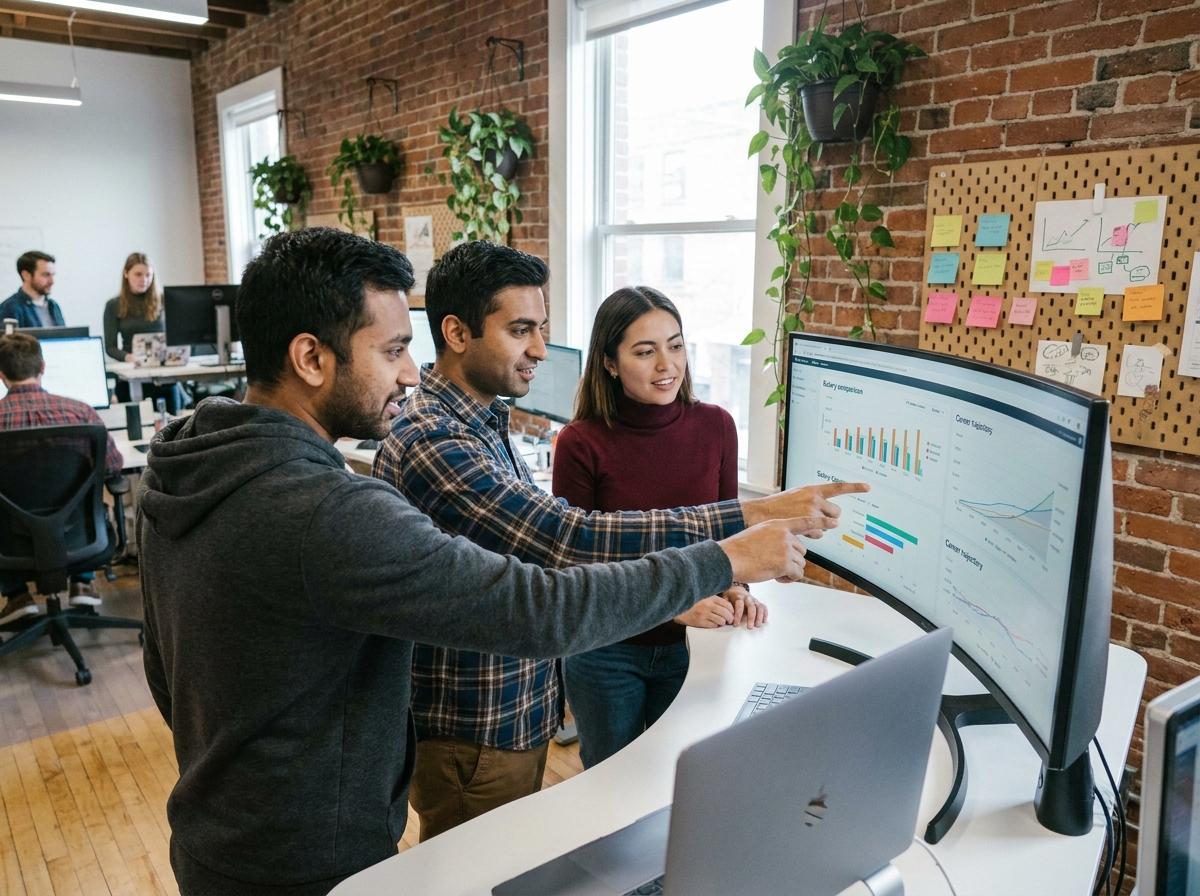 Équipe de collègues comparant des données salariales sur un écran dans un espace de travail collaboratif de startup