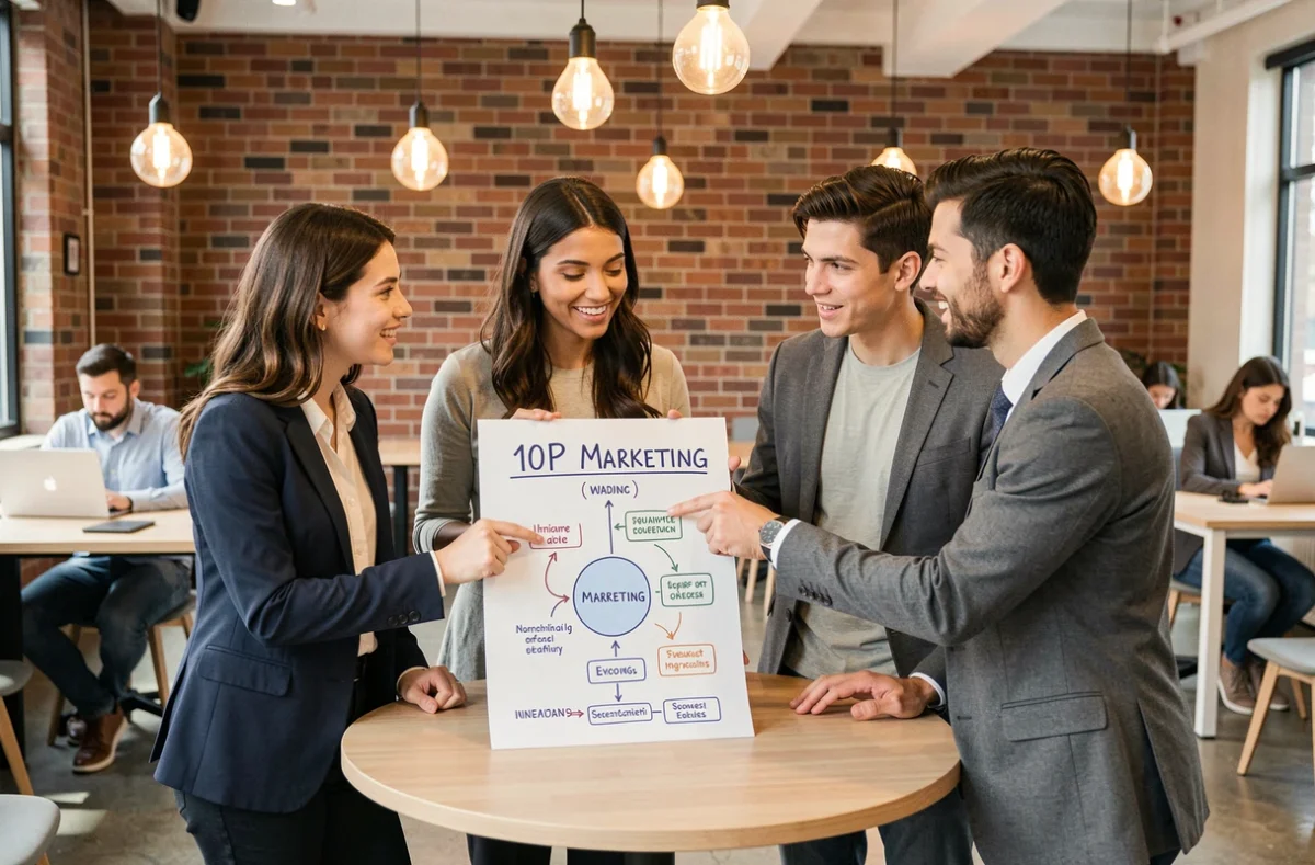 Une équipe de jeunes professionnels discute du modèle des 10P du marketing autour d'un poster dans un espace de co-working