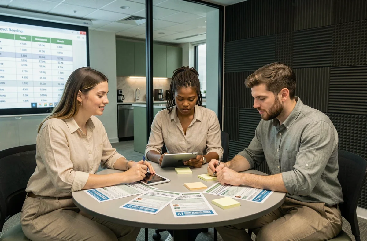 Équipe de jeunes entrepreneurs discutant des options de réservation et des prix pour une salle de réunion au Foyer Entrepreneurial