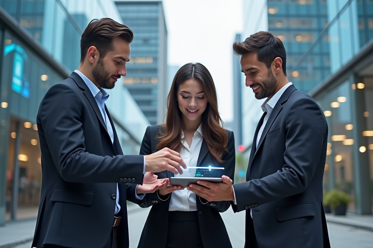 Groupe de jeunes discutant dans un environnement urbain futuriste