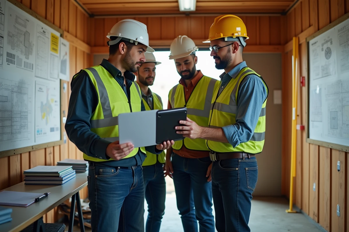 Équipe de gestion de chantier Munilla se concertant autour d'un tableau de bord numérique dans une remorque de bureau de chantier modulaire