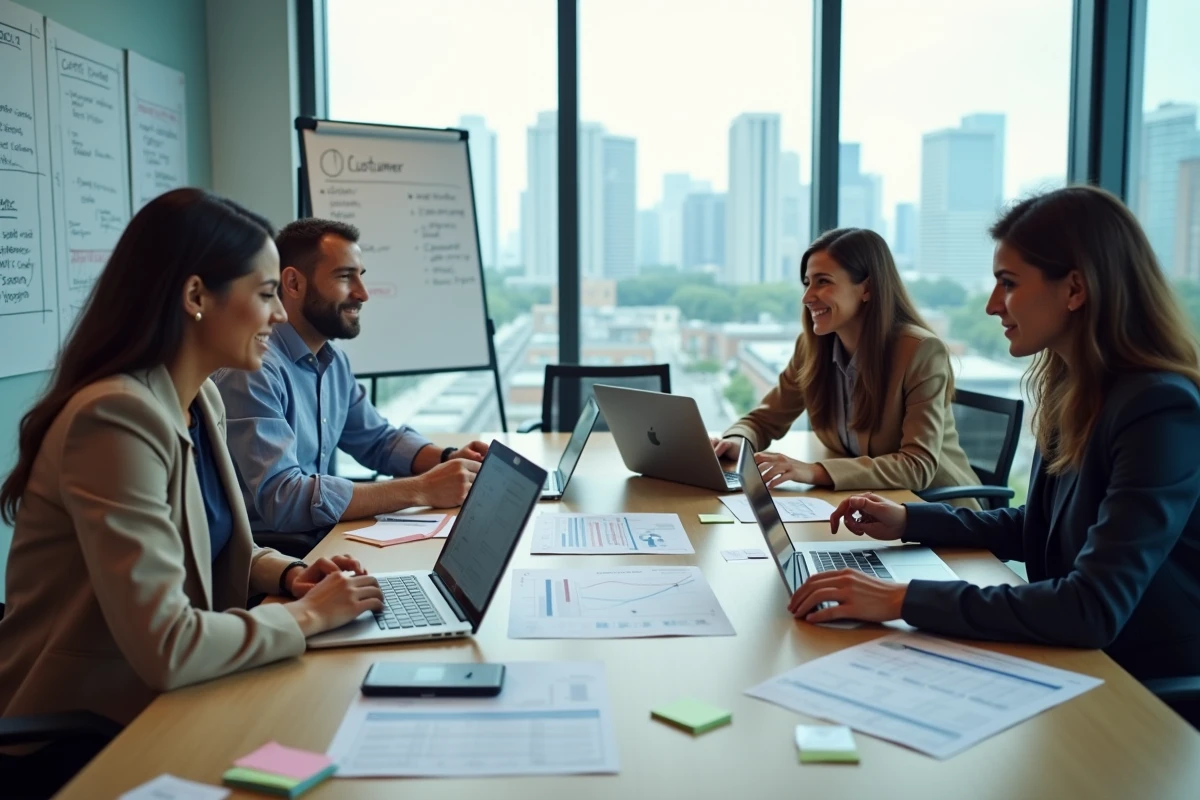 Équipe marketing analysant des rapports d'avis en ligne et la réputation numérique d'une agence en réunion