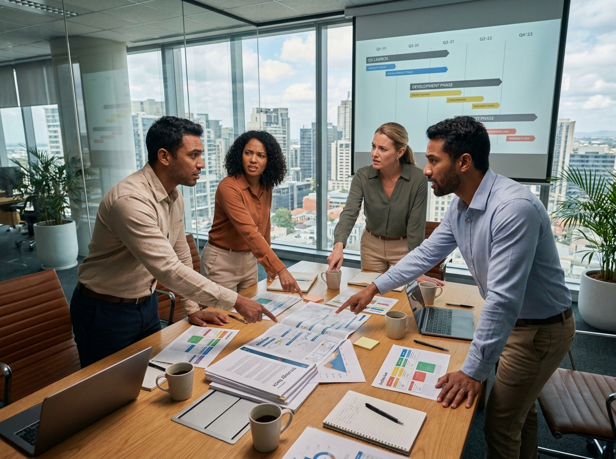 Équipe de professionnels en réunion face à une accumulation de projets de transformation contradictoires