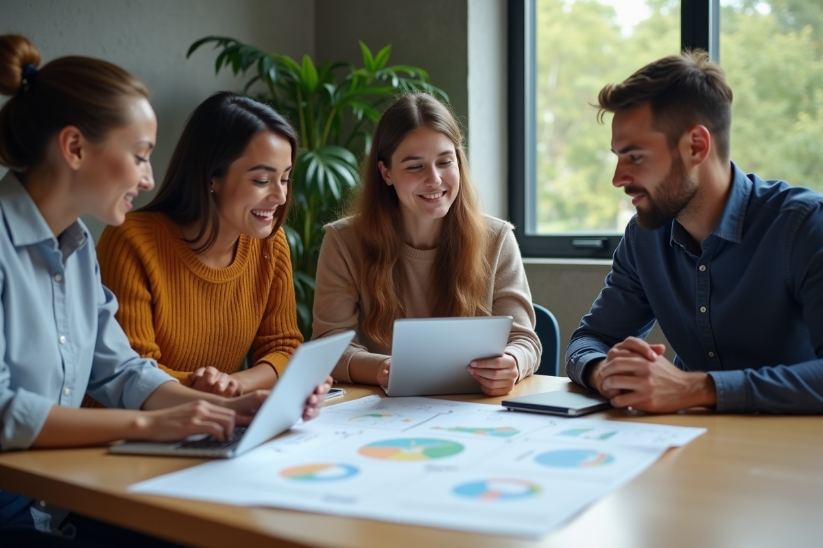 Groupe de jeunes professionnels discutant autour d