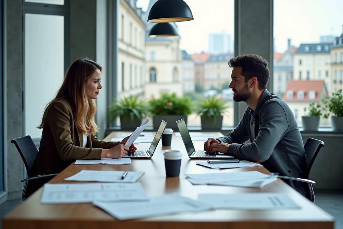 Deux professionnels du marketing digital collaborant sur une stratégie SEO pour un e-commerce en Alsace dans un espace de coworking à Strasbourg