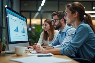 Groupe de professionnels en réunion d'équipe au bureau