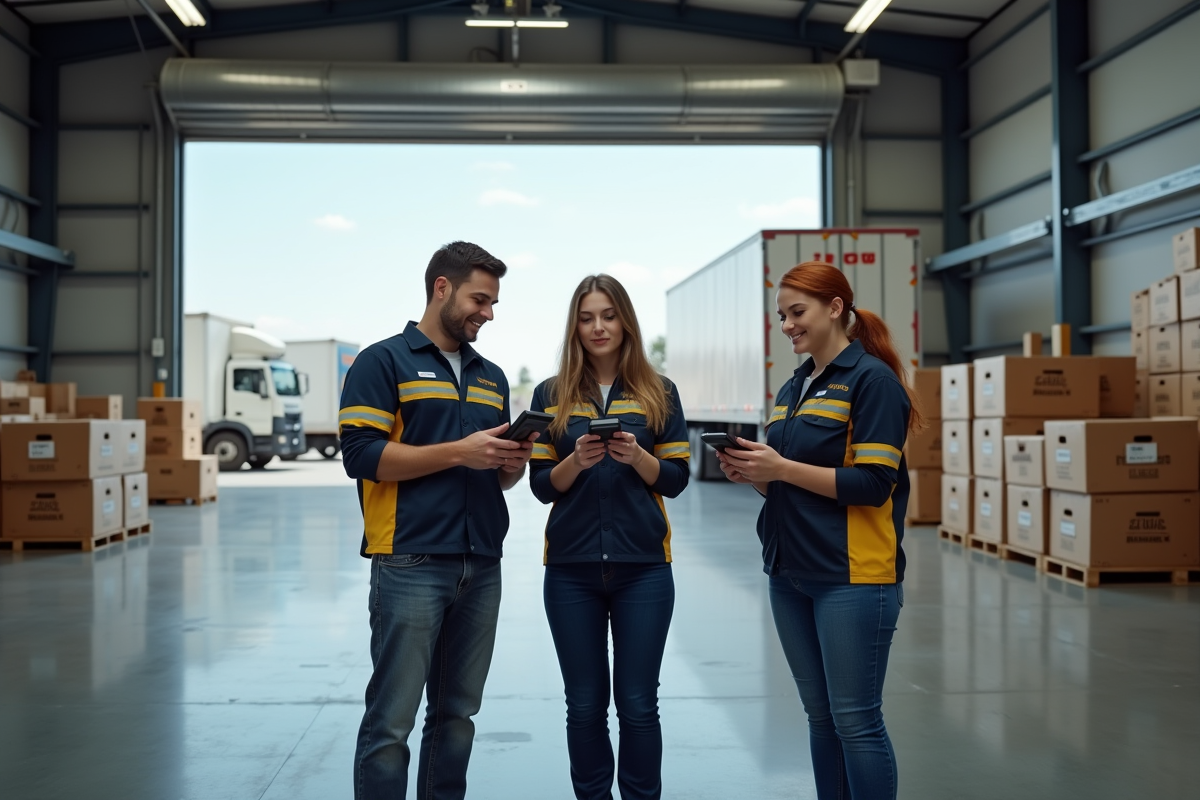 Equipe de trois travailleurs dans un entrepôt avec scanners