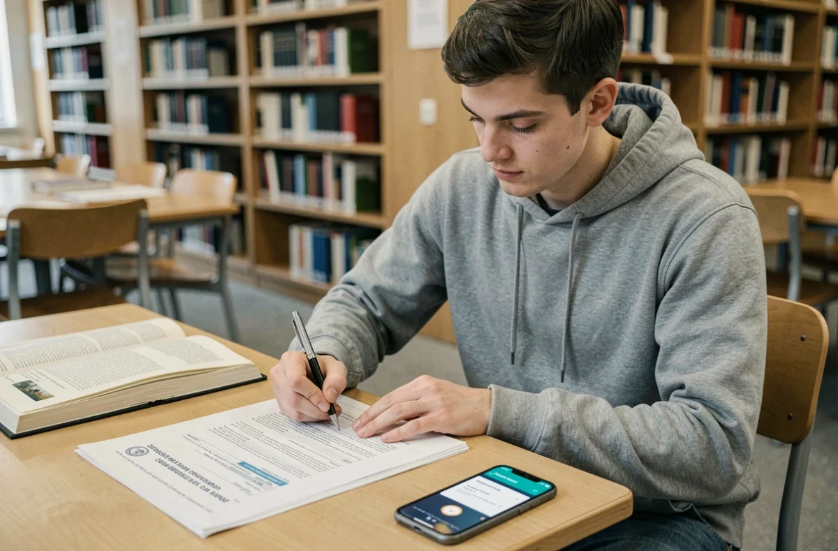 Étudiant remplissant un dossier d'inscription de micro-entreprise à la bibliothèque universitaire