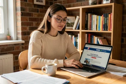 Étudiante créant sa micro-entreprise depuis son appartement avec des documents administratifs et un ordinateur portable