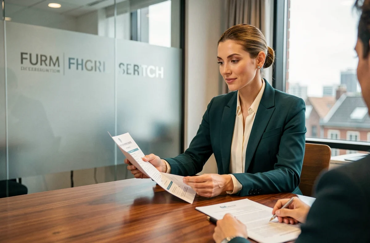 Consultante Expectra présentant une sélection de candidats à un client autour d'une table de conférence dans un cabinet de recrutement haut de gamme