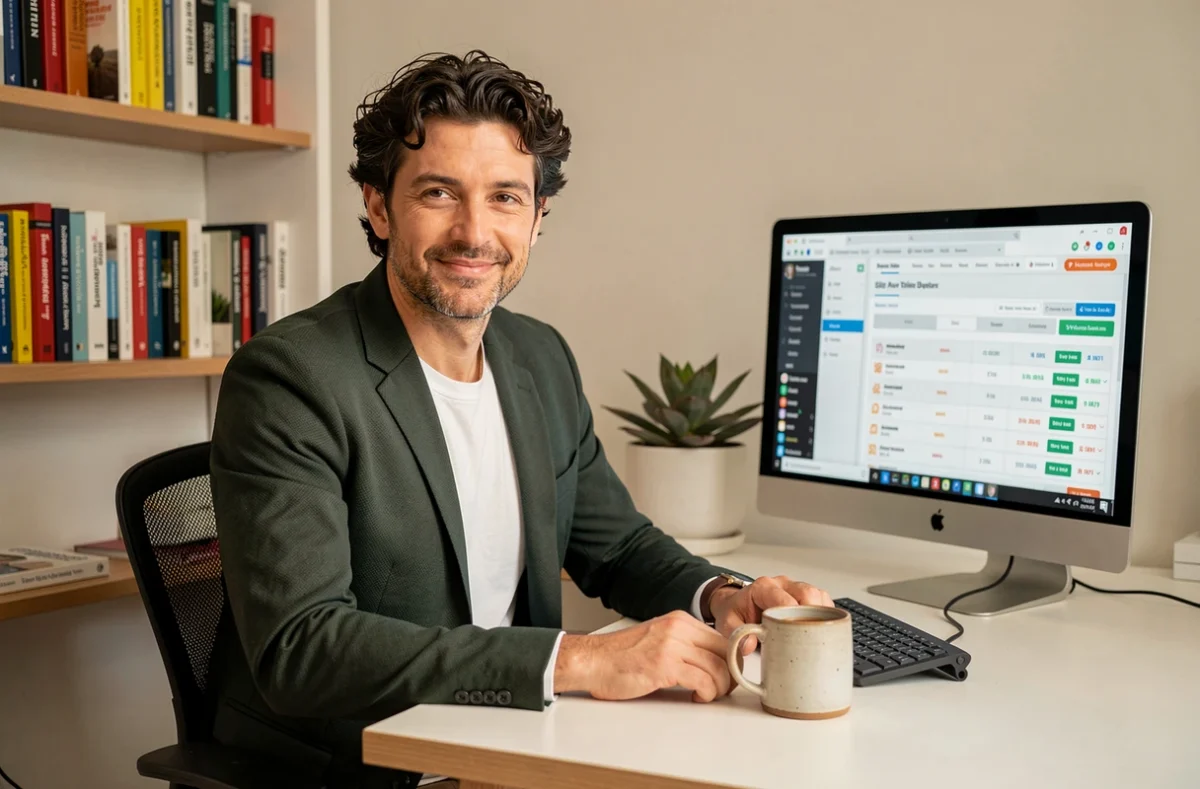 Fabien Huet, consultant SEO indépendant à Angers, travaillant sur un tableau de bord de classement dans son bureau à domicile