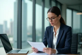 Femme d'affaires professionnelle examinant un contrat d'assurance entreprise dans un bureau moderne