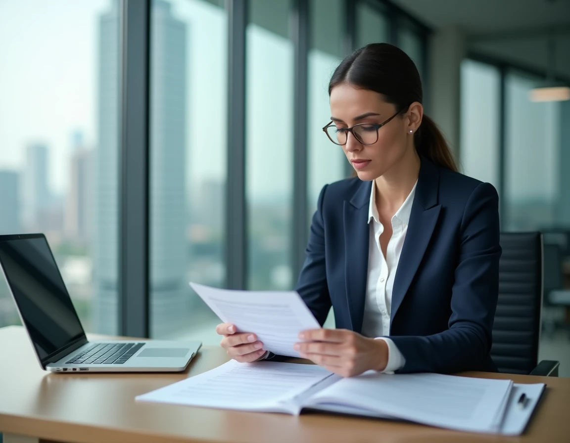 Femme d'affaires professionnelle examinant un contrat d'assurance entreprise dans un bureau moderne