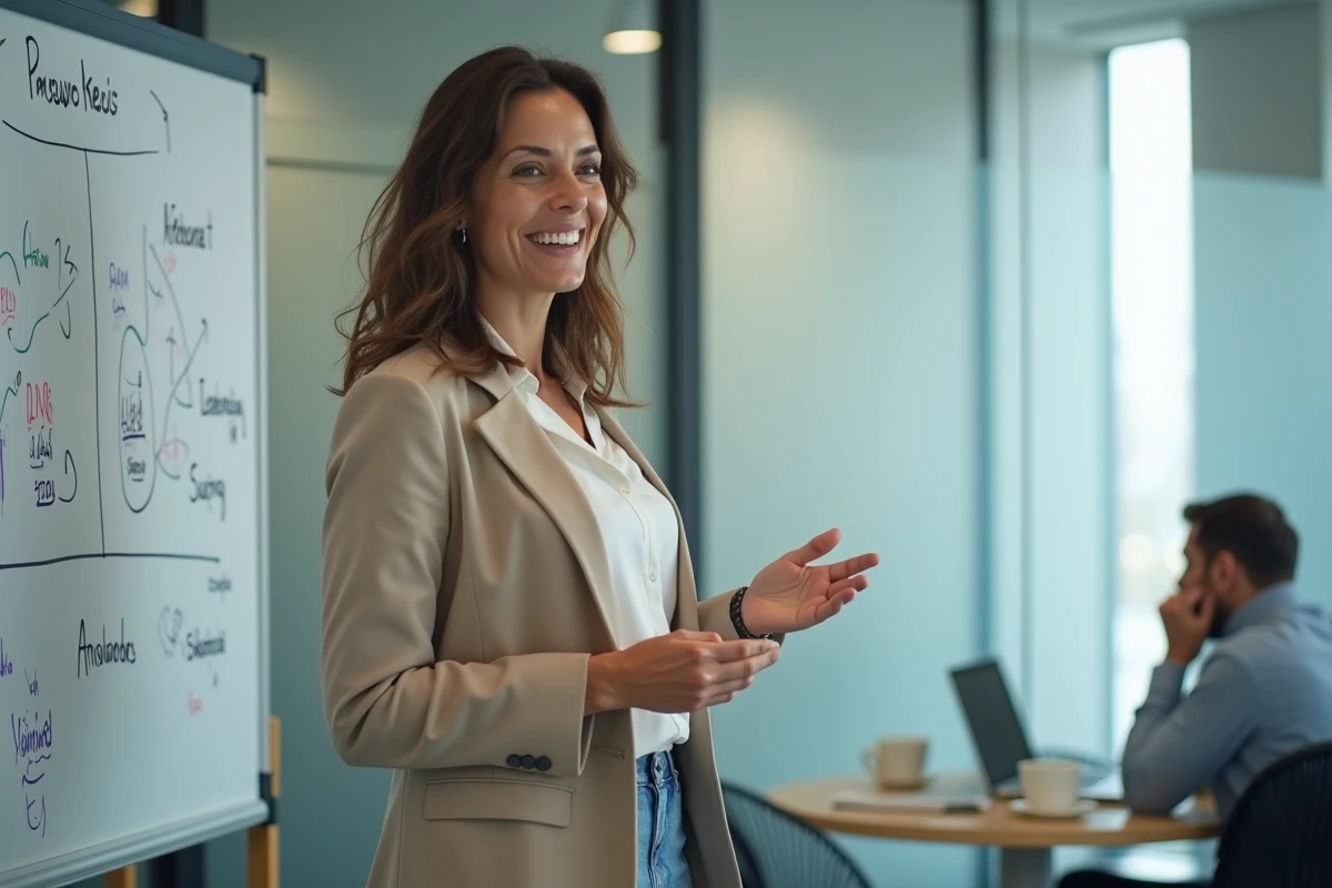 Femme d'affaires expliquant les concepts d'Exlansa sur un tableau blanc lors d'une réunion de startup