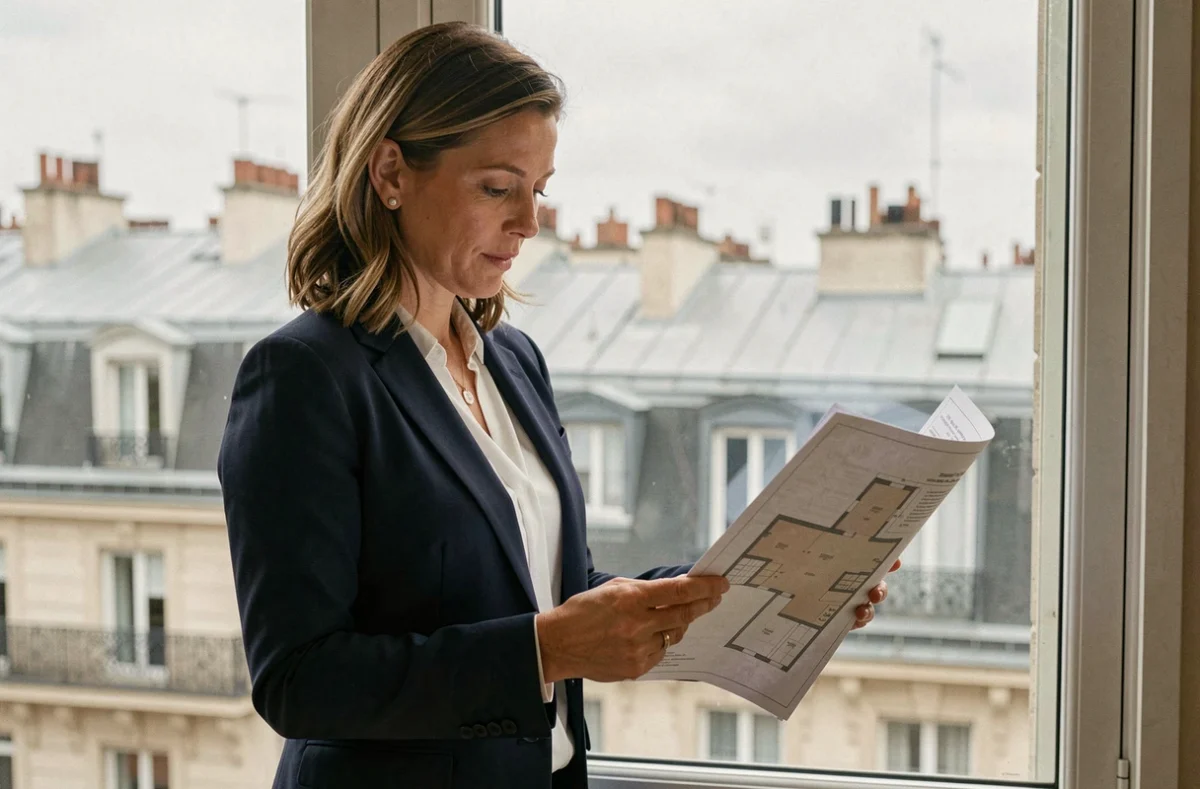 Femme d'affaires consultant des plans de bureau parisien, symbolisant la recherche de location de bureaux au m2 à Paris