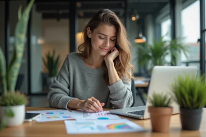 Femme analysant des graphiques marketing sur son ordinateur