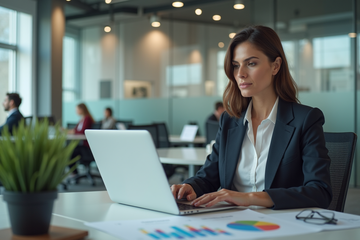 Femme d affaires analysant des graphiques marketing sur son ordinateur