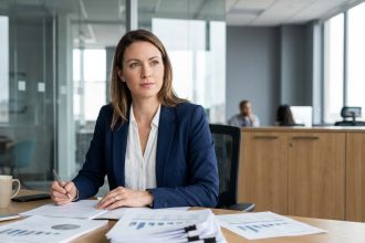 Femme professionnelle analysant des rapports de salaire dans un bureau moderne, illustrant l'exploration des perspectives de carrière