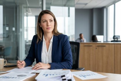 Femme professionnelle analysant des rapports de salaire dans un bureau moderne, illustrant l'exploration des perspectives de carrière