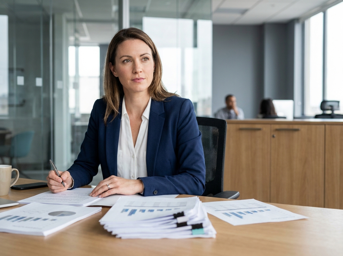 Femme professionnelle analysant des rapports de salaire dans un bureau moderne, illustrant l'exploration des perspectives de carrière