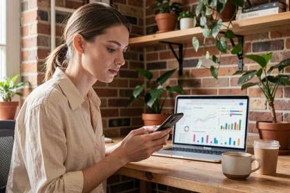 Jeune femme analysant les statistiques Instagram sur smartphone dans un bureau à domicile pour optimiser l'heure de publication