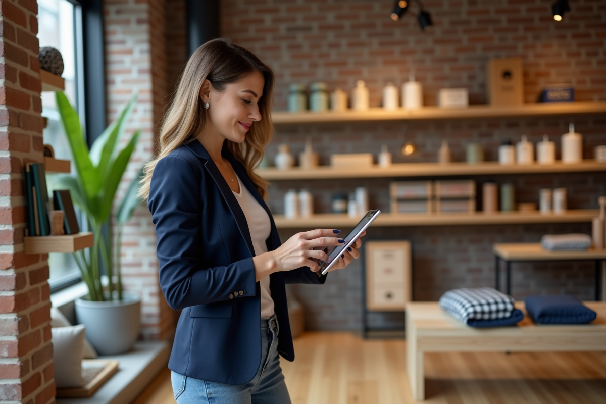 Femme en blazer et jeans dans boutique moderne écologique