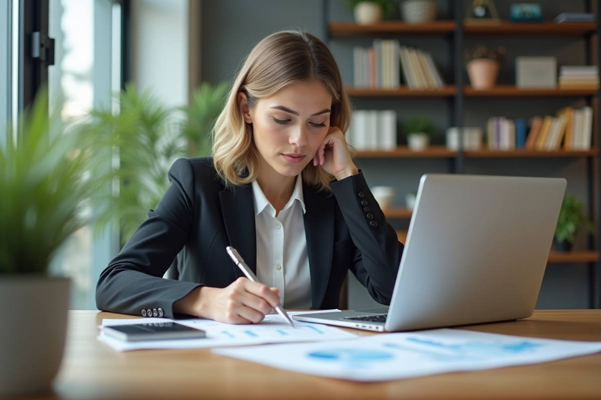 Femme en tenue professionnelle concentrée sur son ordinateur dans un bureau lumineux
