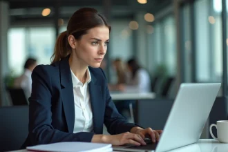 Femme professionnelle hésitant à terminer un email formel sur son ordinateur portable dans un bureau moderne