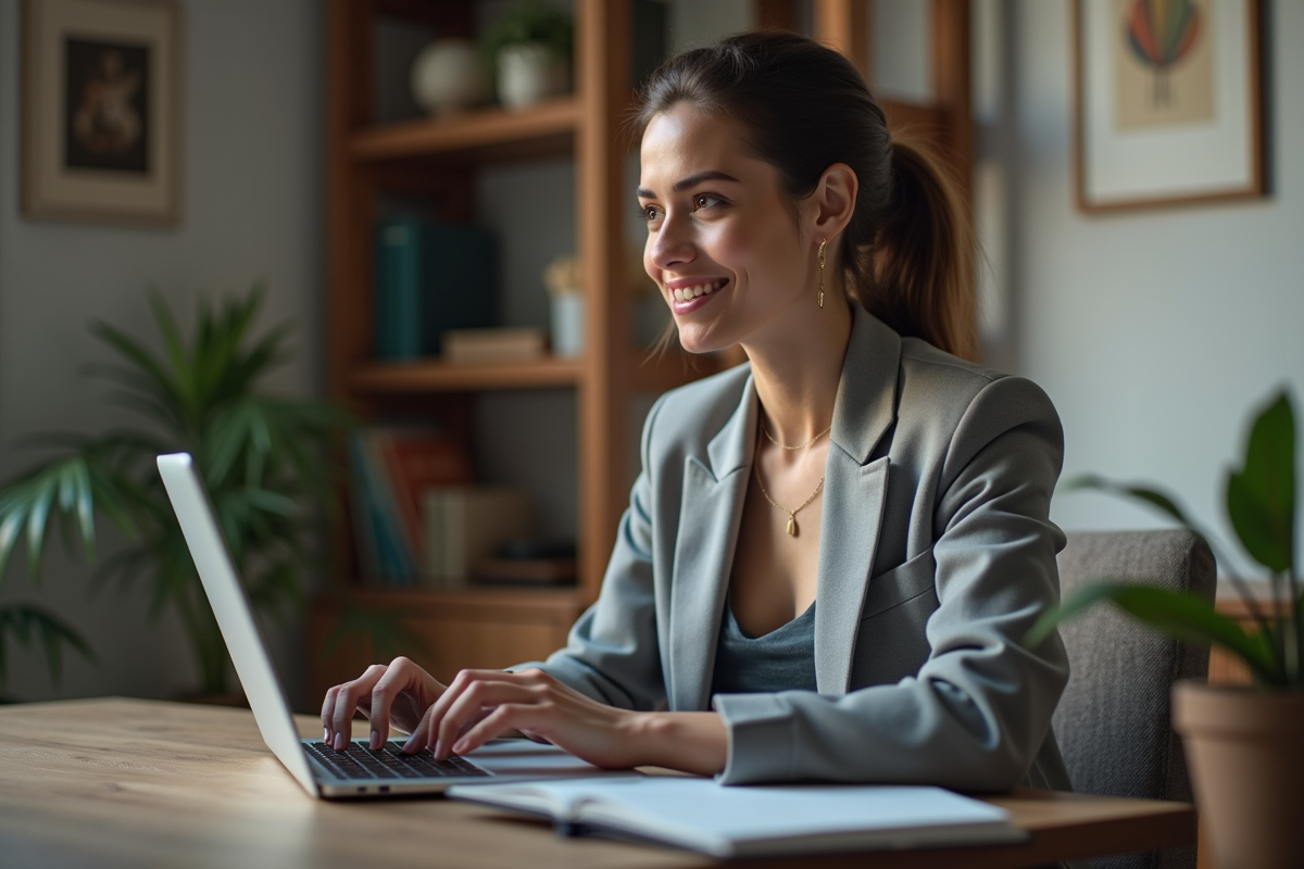 Femme en blazer travaillant sur un ordinateur à la maison