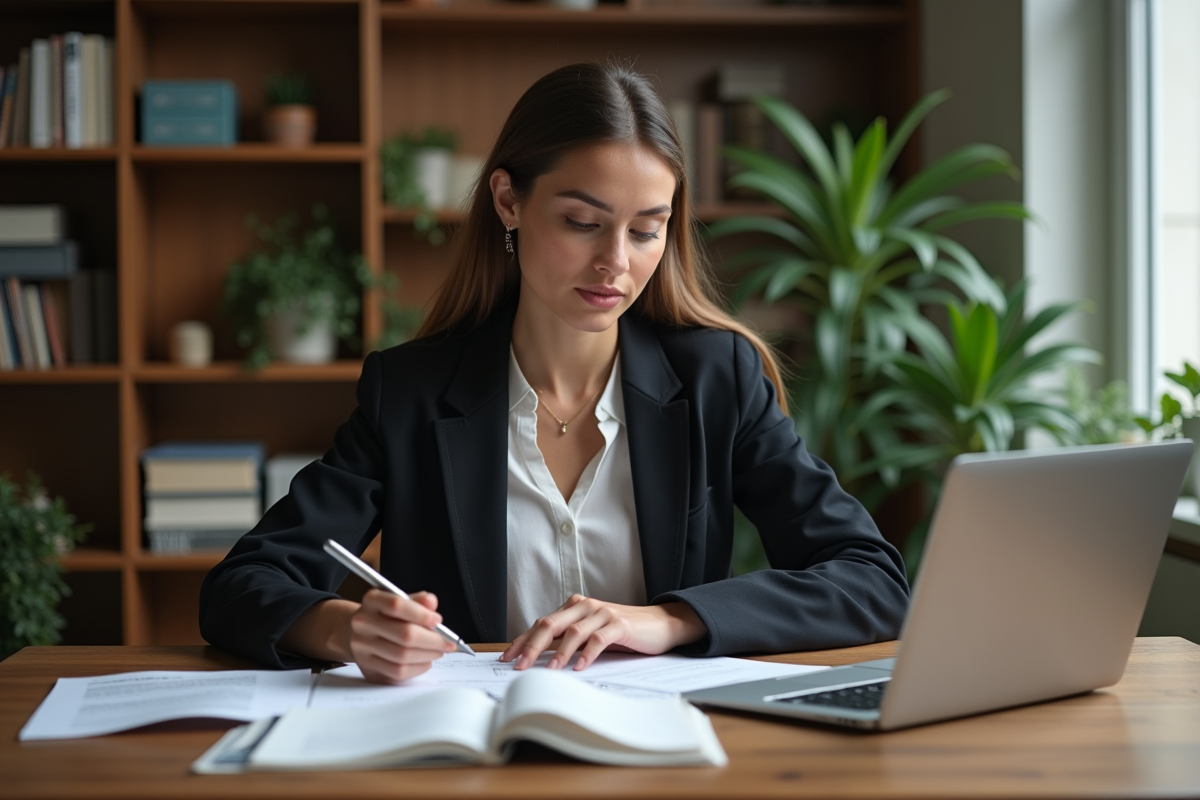 Femme en bureau lisant documents juridiques et financiers