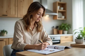 Femme en intérieur moderne feuilletant un catalogue déco chaleureuse
