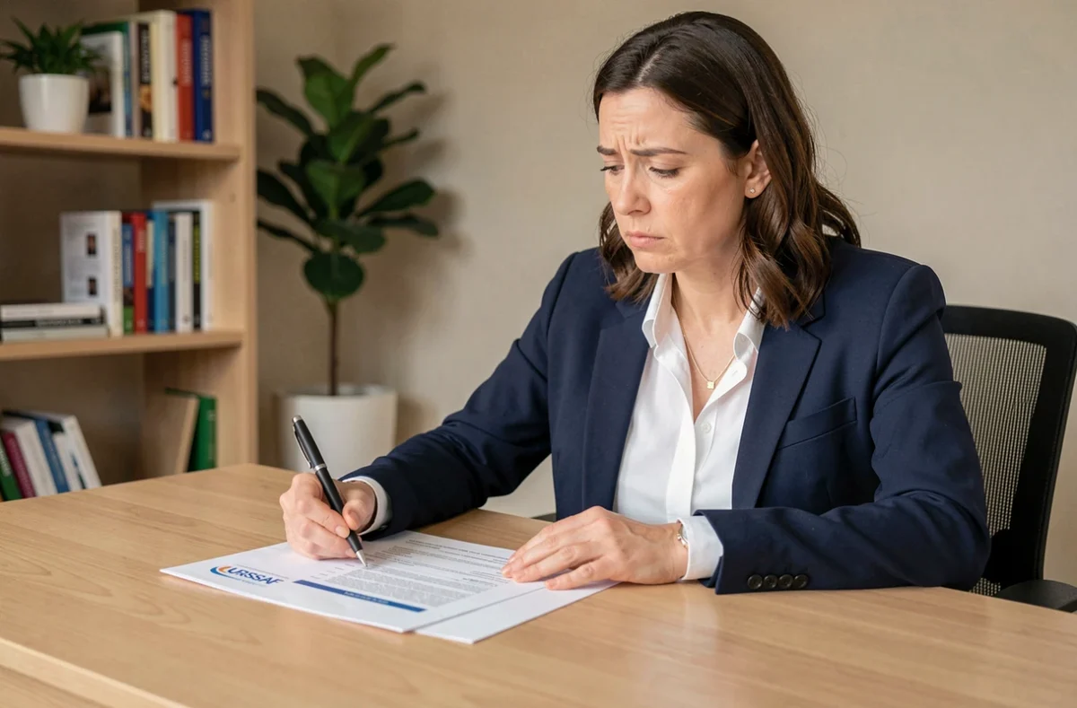 Femme consultante indépendante révisant des documents URSSAF sur un bureau en bois dans un bureau à domicile moderne