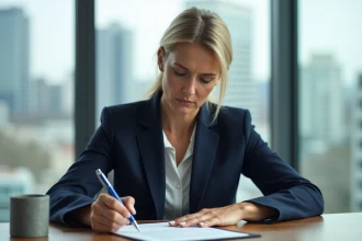 Femme d'âge moyen écrit 'Lu et approuvé' sur un contrat