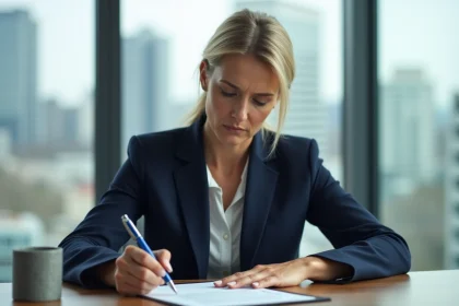 Femme d'âge moyen écrit 'Lu et approuvé' sur un contrat
