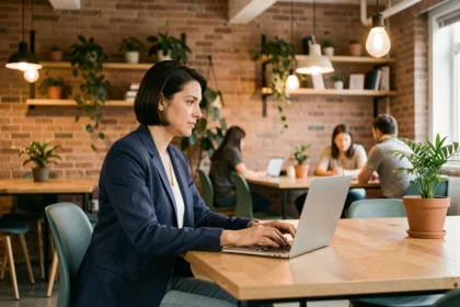 Femme travaillant dans un espace de coworking moderne à Abbeville avec des murs en briques apparentes et des plantes