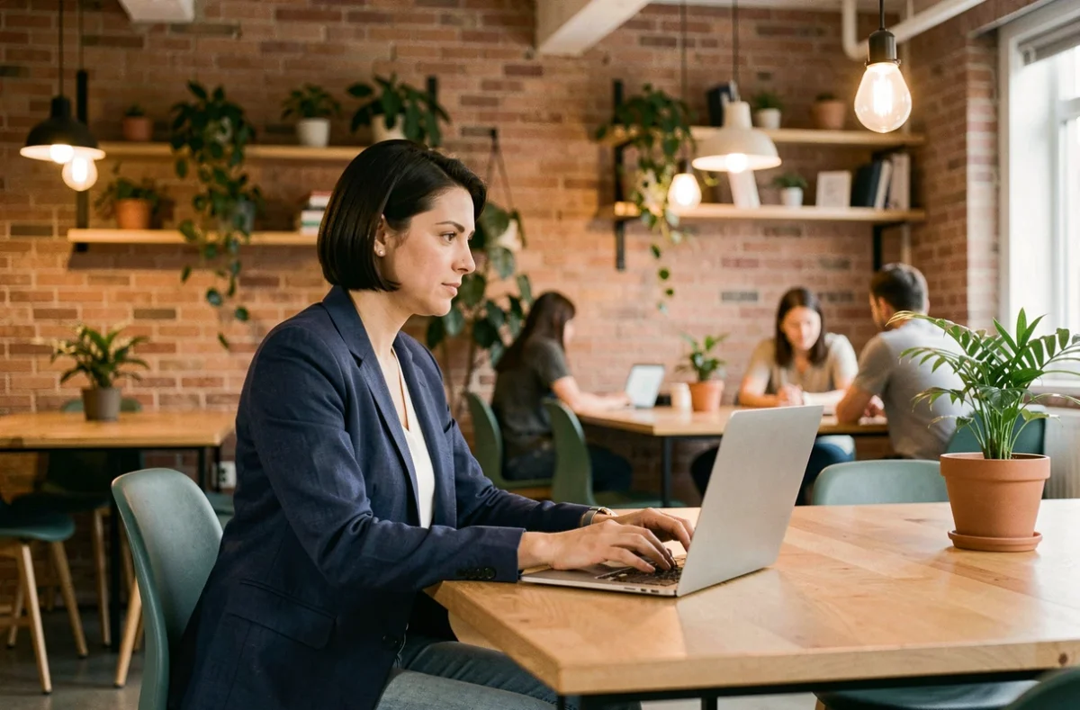 Femme travaillant dans un espace de coworking moderne à Abbeville avec des murs en briques apparentes et des plantes