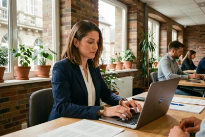Femme travaillant dans un espace de coworking moderne à Dijon avec murs en pierre et grandes fenêtres