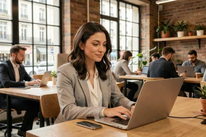 Femme professionnelle travaillant dans un espace de coworking moderne à Thionville avec bureau en bois et ambiance collaborative