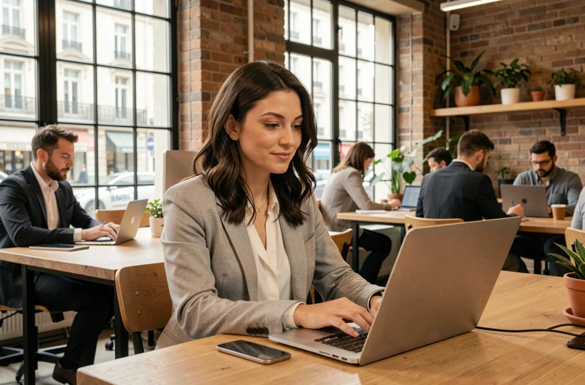 Femme professionnelle travaillant dans un espace de coworking moderne à Thionville avec bureau en bois et ambiance collaborative