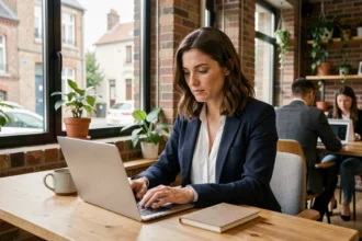 Femme travaillant sur un ordinateur portable dans un espace de coworking moderne à Vannes avec des murs en briques apparentes