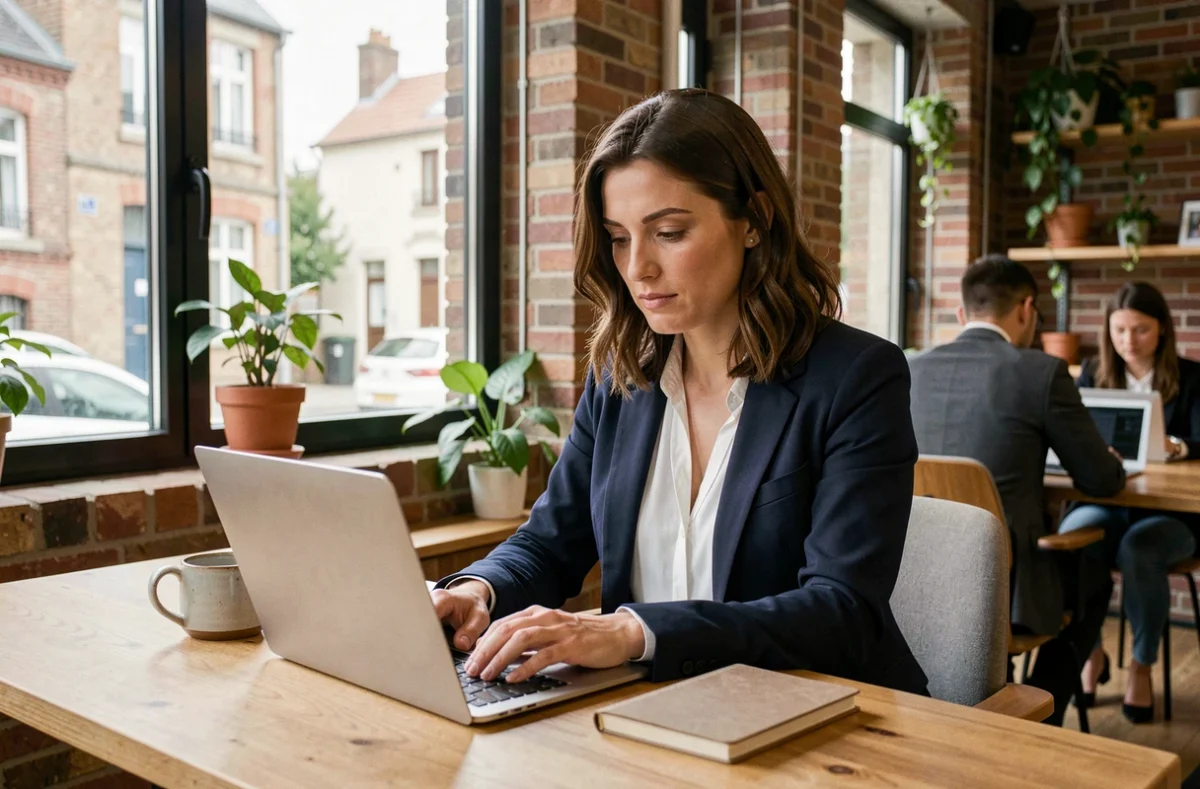 Femme travaillant sur un ordinateur portable dans un espace de coworking moderne à Vannes avec des murs en briques apparentes