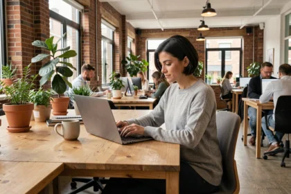 Femme travaillant dans un espace de coworking moderne à Wasquehal avec laptop et tasse de café sur bureau en bois