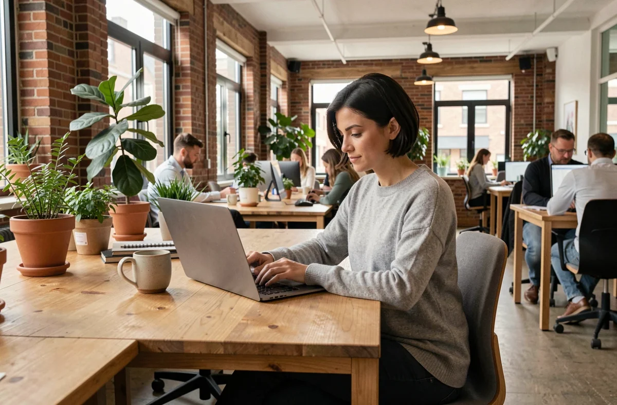 Femme travaillant dans un espace de coworking moderne à Wasquehal avec laptop et tasse de café sur bureau en bois