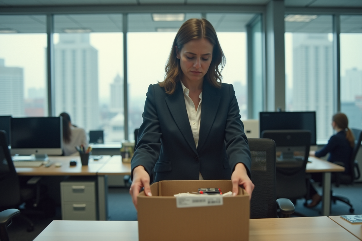 Femme rangeant ses affaires dans un carton au bureau
