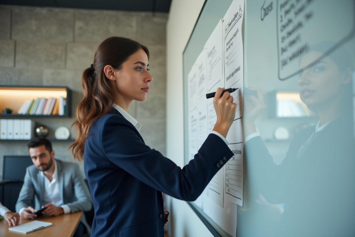 Jeune femme écrivant des concepts marketing sur un tableau blanc