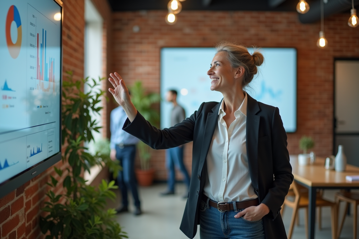 Femme entrepreneure analysant des graphiques dans un espace de coworking
