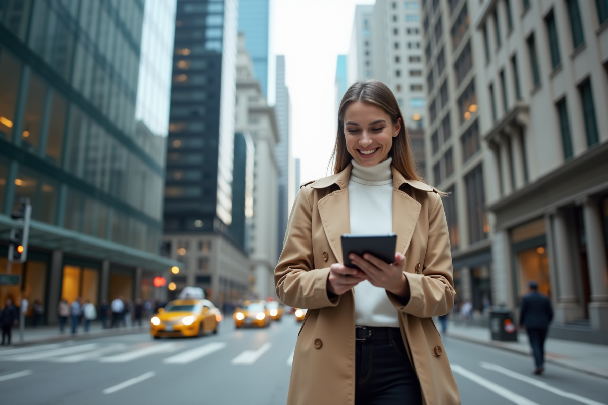 Jeune femme en trench dans une ville financière