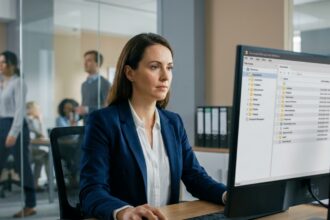 Femme professionnelle utilisant un logiciel de gestion électronique de documents (GED) dans un bureau moderne